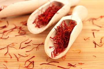 stigmas of saffron in wooden spoons