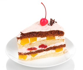 Layered fruit cake isolated on white