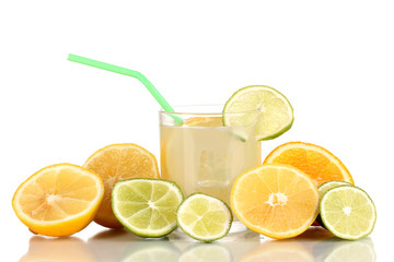 Citrus lemonade in glass of citrus around isolated on white