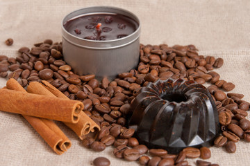 aroma handmade soap and candle with cinnamon sticks and coffee b