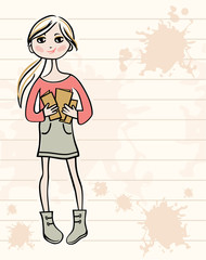 Hand drawn girl with books