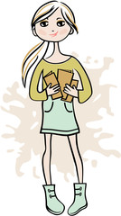 Hand drawn girl with books