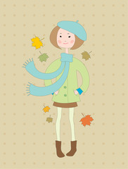 Hand drawn little girl in a coat with a scarf