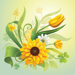 yellow flowers and leaves botanical nature illustration