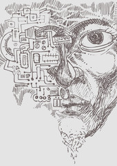 hand draw of face with electronic circuit
