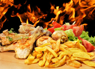 Menú con muslos de pollo en barbacoa.