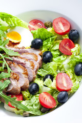 vegetable salad with fried duck breast slices and egg