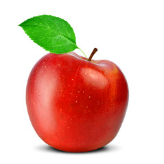red apple with green leaf  isolated on white