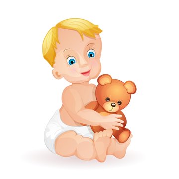 Baby boy holding cute teddy bear isolated on white