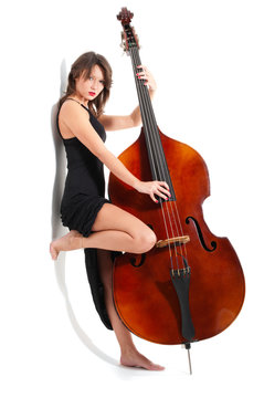 Woman in black dress play double bass