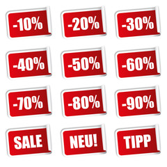 Rabatt Sticker Eingerollt 10 bis 90 Prozent (Rot)