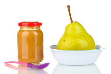 Jars with fruit baby food and pear isolated on white