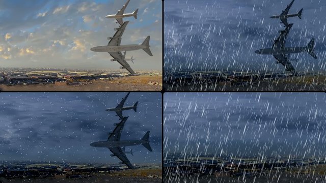 Airplanes over mountain in all weathers