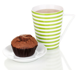 Fresh muffin with tea isolated on white