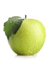 Ripe green apple with leaf isolated on white