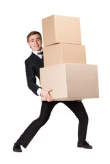 Manager handing pile of boxes, isolated on white