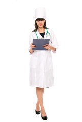 Female doctor with stethoscope holding a clipboard