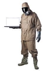 Man in Hazard Suit showing a laptop