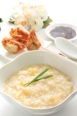 chinese cuisine, egg porridge with wantan for breakfast