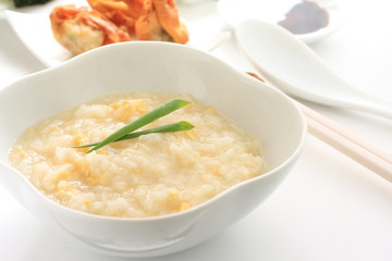 chinese cuisine, egg porridge with wantan for breakfast