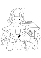 Illustration de contour d& 39 une fille jouant avec un chien