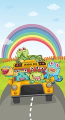 Selbstklebende Fototapeten Monster, Schulbus und Regenbogen © GraphicsRF