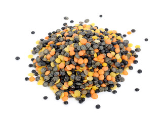 Mixed (Black, Orange and Yellow) Lentils Isolated on White