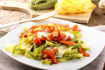 Tagliatelle with tomato, mozzarella and bacon