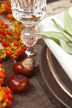 Herbstlich gedeckter Tisch mit Kastanien