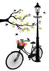 Obraz premium rower z lampą, kwiatami i drzewem, wektor