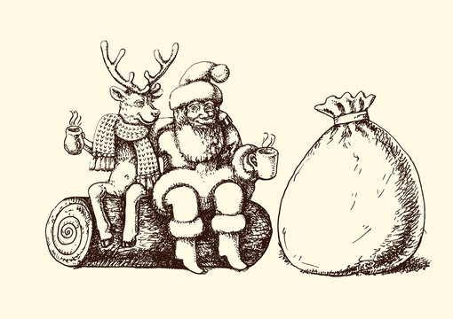 Santa Claus und Renntier  machen eine Kaffeepause