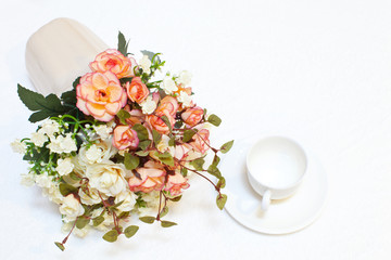 beautiful pink flowers and coffe cup