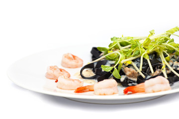 Black tagliatelle (pasta made with cuttlefish ink) with shrimp