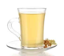 Glass cup of tea with linden isolated on white