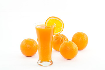 orange juice and slice isolated on white