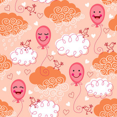 Seamless pattern with balloons and clouds
