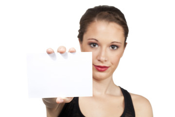 teen model holding up white card to use for creative text