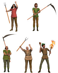 A set of five angry villagers with pitchforks - obrazy, fototapety, plakaty