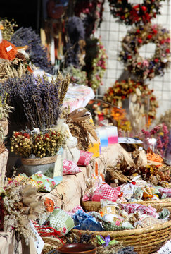 Herbs, spices, lavender, handmade flower bouquets and vegetables
