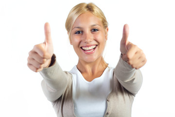 beautiful blond woman making success gestures 