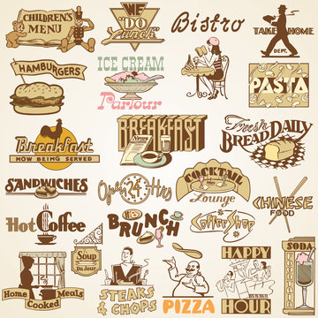 Retro vintage labels restaurant, set of various food  themes