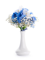 Flowers in a bouquet, blue hydrangeas and white irises