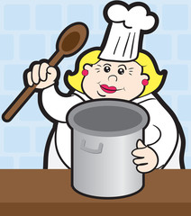 Woman chef cooking with large pot