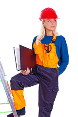 Portrait of beautiful girl posing on white background on ladder