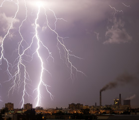 Lightning bolt over city