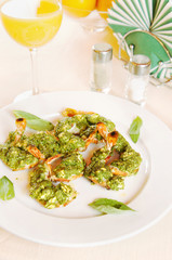 Tiger prawnes with green vegetable sauce