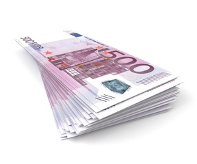 3d stack of 500 euro bills isolated on white background