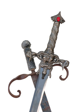Crossed swords metal upright devil handle hilt