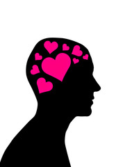 Man head silhouette with hearts instead of brain