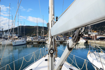 Rostrum of a modern yacht. Port of la Spezia, Italy